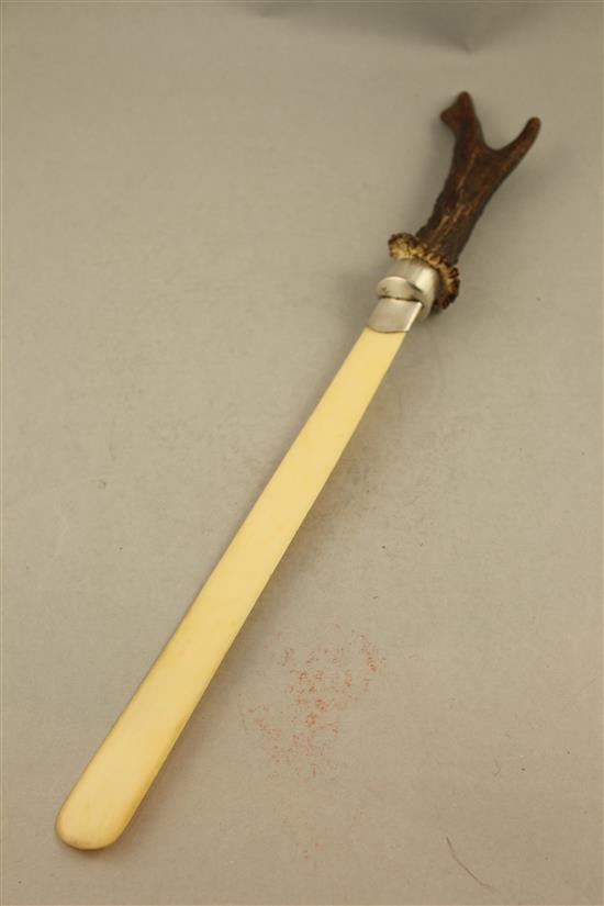 A Victorian ivory and horn handled silver mounted paper knife, retailed by Rowland Ward & Co, 166 Piccadilly, 18in.